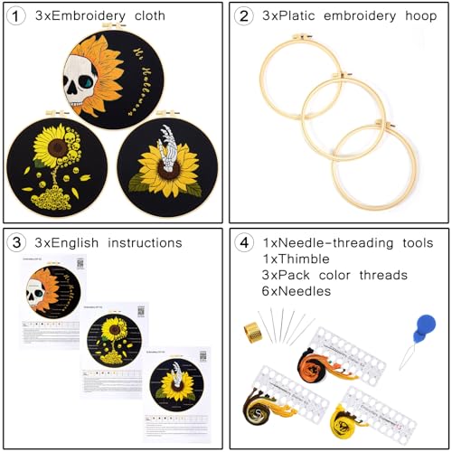 Halloween Gothic Embroidery Kits for Beginners Adults, Skull Hand Embroidery Needlepoint Kits, Sunflower Stamped Cross Stitch Kits for Beginners Adult, 3 Set Embroidery Hoops (Attached Video Tutorial) - color: Sunflower