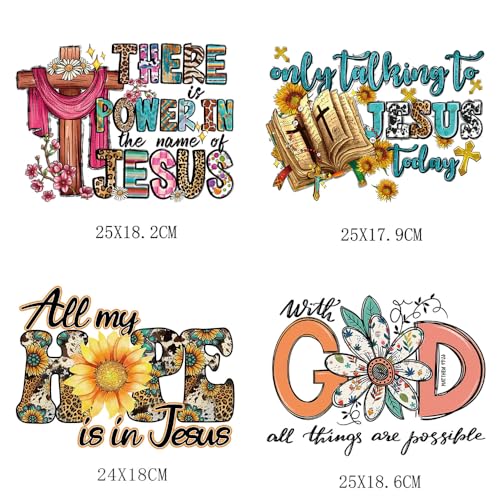 4 Packs God Iron on Transfer Stickers Jesus God Hope Heat Transfer Design Iron on Patches for T Shirt Christ Jesus Sunflower Pattern Iron on Vinyl Decals for Women Men Clothes Craft DIY Supplies - color: Jesus B
