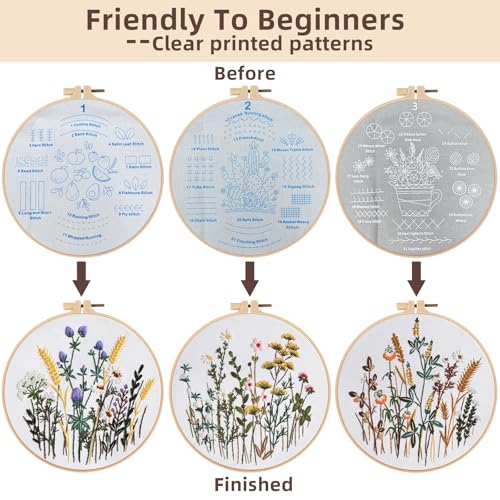 Herdiese Embroidery Kit for Beginners & Adults, 3PCS Floral Patterns. - color: Flower-C (3 Pack)
