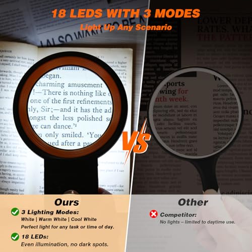 KIBTOY Magnifying Glass with Light and Stand, Foldable Handheld Magnifying Lenses 18 LED Illuminated Lighted Magnifier for Seniors Reading, Close Work, Coins, Jewelry Black - color: Black