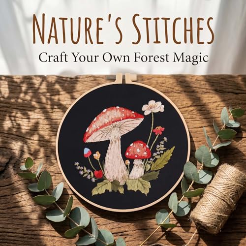 Harimau Adult Beginner Embroidery Starter Kit, Complete Set with 4 Patterns, 2 Hoops, Needles, Scissors, Instruction Guide & Stitching Video Tutorials - color: Mushroom2 pattern