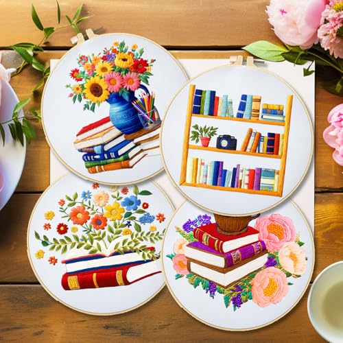 BEUNITONE 4 Set Book Flower Embroidery Kit for Adult Beginners 7.9x7.9 DIY Cross Stitch Kits Needlepoint Starter Kit with Pre-Printed Design and Hoops, Stamped Embroidery Kit for Home Ofiice Decor - style: B-Book Flowers