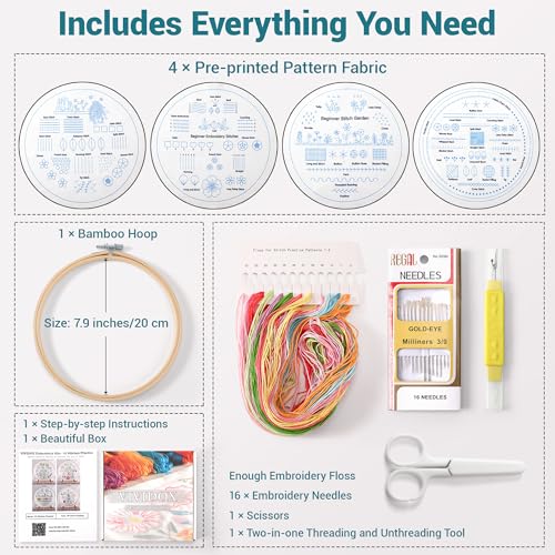 VIVIDOX 4 Sets Embroidery Kit for Beginners Adults, 35 Stitches Practice Kits Cross Stitch for Starter, DIY Hand Craft with Stamped Pattern, Bamboo Hoop, Threads, Needles, Scissors, Tools, Instruction - color: 35 Stitches Practice Kit (with 1 Hoop)