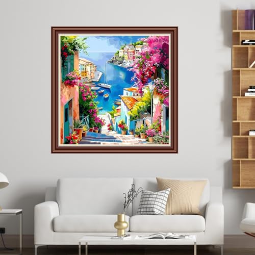 Dimensean Counted Cross Stitch Kit for Beginners, 11CT Unprinted Cross-Stitch Kit Easy Patterns Needlepoint Kit Cross Stitching Embroidery Kit Supplies-Seaside Flower Street Scenery 18x18 inch - color: Patterns05