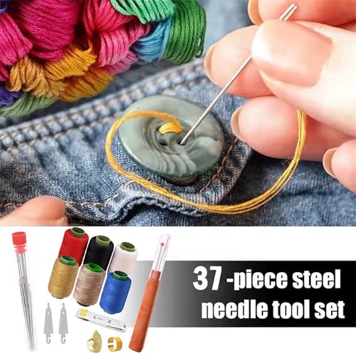 37PCS Sewing Tool Set, Big Eye Steel Sewing Needles Kit, Needle and Thread Kit,Threader and Needle Repair Kit Stainless Steel Needles for Hand Sewing
