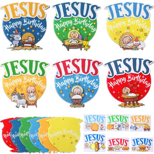HunnmingRe 24 Set Happy Birthday Jesus Craft Kit Christmas Felt DIY Wall Hanging Ornaments for Sunday School Classroom Religious Christian Xmas Party Game Favor Gifts