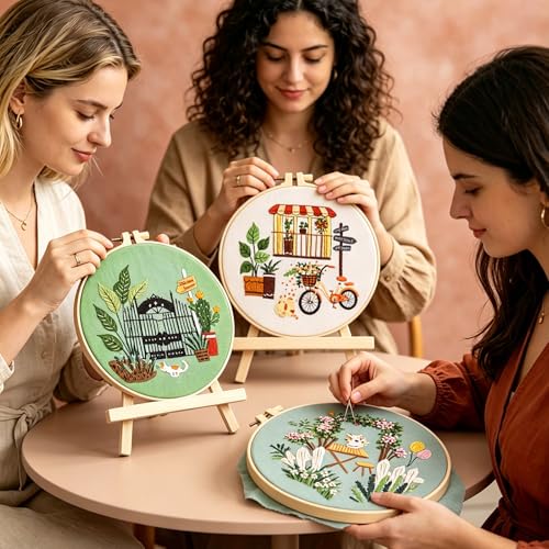 Qupace 3 Pcs Farmhouse Kits for Woman,Beginner Embroidery Kits for Adults,Garden Balcony Scene Pattern Cross Stitch, Green Themed Needlework Sewing Craft Kit - color: Green