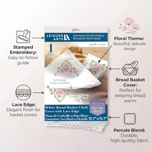 Embroidery Patterns Bread Basket Cloth 15.7X15.7 Pink Tea Towels Stamp