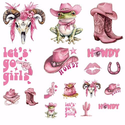 SUPERDANT 18Pcs Pink Cowgirl Iron on Transfer Paper Howdy Frog Cowgirl Boot Horseshoe Heat Transfer Sticker Washable Iron on Decals for T Shirts DTF Transfers Ready to Press for Clothing DIY Gift - style: Cowgirl Theme