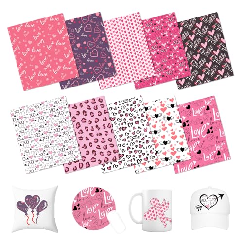 HTVSTD Valentine's Day Sublimation Ink Transfer Sheets 10 Sheets 12inches * 10inches Pattern Sublimation Paper Transfer Sheets for Mugs Tumblers DIY Transfer Paper - color: Valentine10