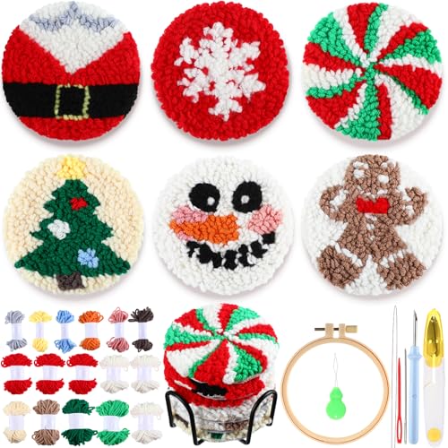 Yaomiao 6 Pcs Christmas Punch Needle Coaster Kit, Easy DIY for Beginners - style: Festival