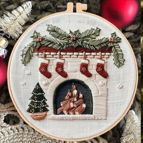 Huacan Embroidery Kits for Adults Beginner DIY Cross Stitch Stamped Christmas Pattern Stitching Fireplace Sewing Kit 1 Piece 7.8 x 7.8 Inch - color: Christmas Fireplace
