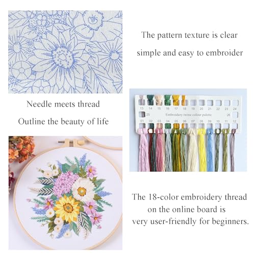 Silentsea Floral Embroidery Kit with Hoop, Sunflower Bouquet Pattern, 3 Designs, Beginner Cross Stitch Set