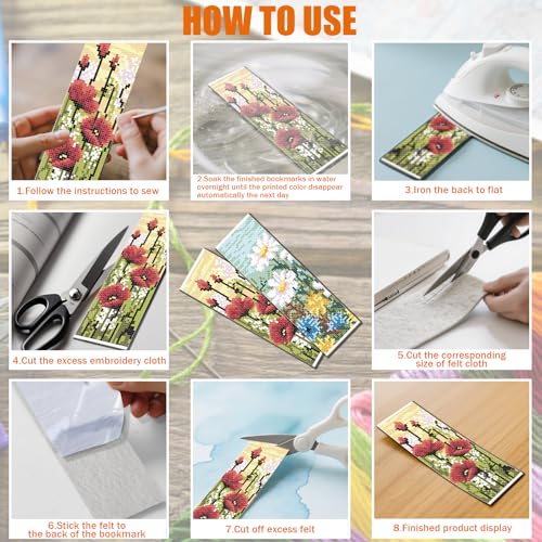 FREEBLOSS 6 Set 11CT Cross Stitch Bookmark Kit 8x2.4inch Wild Flowers - style: Wild Flowers