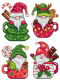 Counted Cross Stitch kit on Plastic Canvas with Gnomes in Cups. 4 Christmas Ornaments Different Dimensions 183CS. 14 Count Plastic Canvas Sheets 8.27x11.02 Inches. Perfect for Art & Craft Amateurs - color: Gnomes in Cups