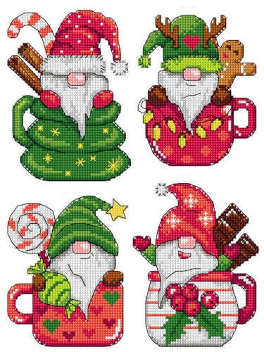 Counted Cross Stitch kit on Plastic Canvas with Gnomes in Cups. 4 Christmas Ornaments Different Dimensions 183CS. 14 Count Plastic Canvas Sheets 8.27x11.02 Inches. Perfect for Art & Craft Amateurs - color: Gnomes in Cups