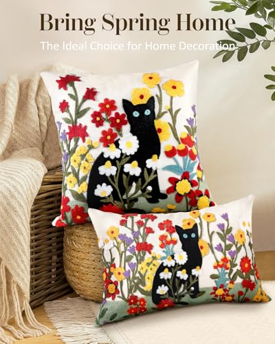 Embroidered Throw Pillow Cover, 20x20 Inch, Black Cat Floral - color: Flower Cats, size: 20" x 20" (Pack of 1)