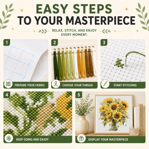 AuraDraw Sunflowe CROS Stitch Kits, 11CT Flower Embroidery Kit for Adult Beginners, Stamped Cross-Stitch Supplies Needlework Sunflower - color: JLSZX-0001