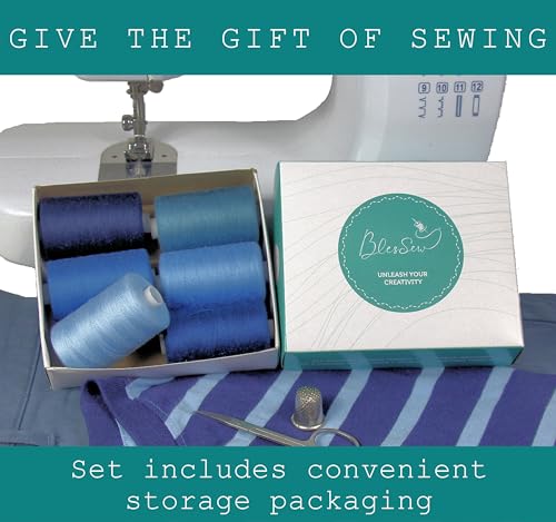 BlesSew Sewing Thread in Blue Color Tones – 6 Spools of Polyester Thread for Sewing Machine for Beginners, Hand Stitching & Quilting - 1000 yds per Spool - color: Blue