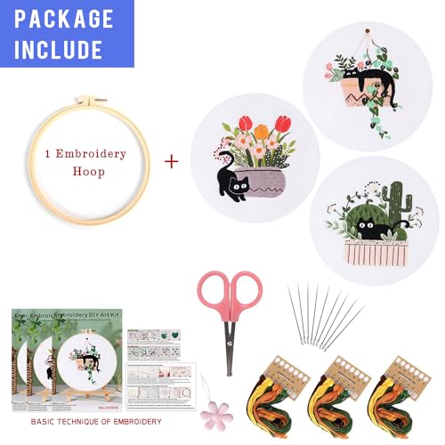 LB Cat Embroidery Kit for Beginners Adults, 3 Sets Hand Embroidery Starter Kit with Cactus Floral Pattern and Instructions Stamped Cross Stitch Kits Include Embroidery Hoop Needles Threads Scissors - color: Black