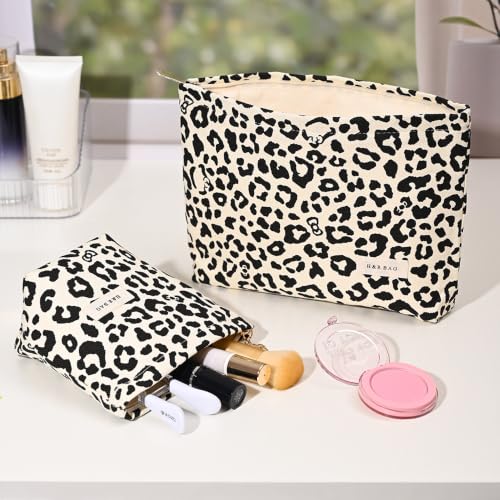 Leopard Print Makeup Bag, 2 Sizes Zipper Cosmetic Toiletry Pouch for Women - color: Soft Leopard