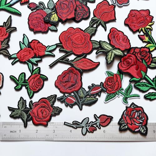 25pcs Flower Rose Iron on Patches, Assorted Sizes Color Floral Embroidered Patches Applique for Clothes Hats Jeans Jacket - color: Rose and Flowers