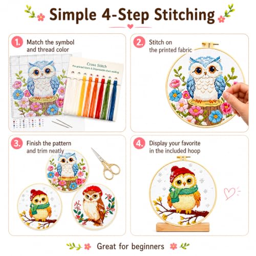 Zhenqing 3-Piece Owl Cross Stitch Kit Stamped Embroidery Kit 11CT Printed Aida Cloth 24x24cm DIY Needlework Set with Hoop, Thread, Needle & Tools Beginner Embroidery Kit for Home Wall Decor Gift