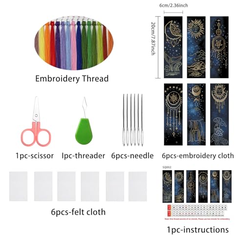 6PCS Cross Stitch Bookmark Kit for Adult Beginners Stars Cross Stitch Kits with Backing Felt Floss Instruction DIY Stamped Embroidery Bookmark Kit for Starter Adults Book Lovers (2.3x7.8 inch) - color: SQY002