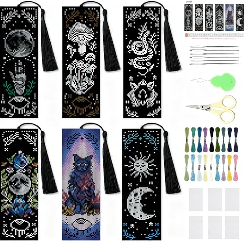 NEGEKFKX 6 Pcs Magical Witchy Cross Stitch Bookmark Kit for Adult Beginners - color: Cross stitch bookmark-9