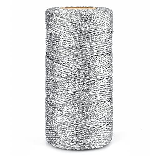 jijAcraft 328 Feet Silver String Twine - 1.5mm Metallic Ornament Thread Gift Wrapping - Inelastic Macrame Glitter Gold Cord for Gift Wrapping, DIY Crafts, Bracelets - color: Silver, size: 328 Feet