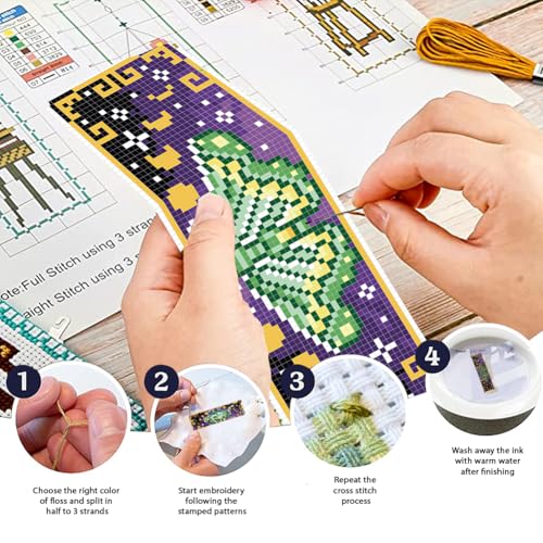 FREEBLOSS 6 Set Cross Stitch Bookmark Kits 8"x2.4" Butterfly Moon Phases - style: Lunar phase