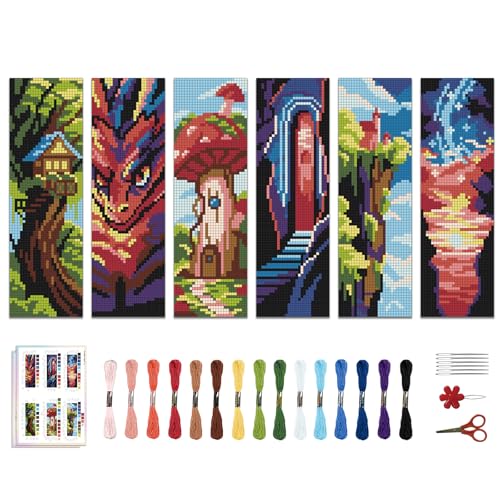 ACRNIGHEET 6 PCS Cross Stitch Bookmark Kit DIY Bookmarks Cross Stitch Kits Stamped Embroidery Bookmarks for Adults Beginners Fantasy Pattern Bookmarks with Instructions Hand Craft Gift, 7.87''x2.36'' - style: Classic