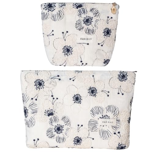 Embroidery Craft Makeup Bag with Zipper Floral Makeup Pouch 10×7 Inch - color: White and Black Flower