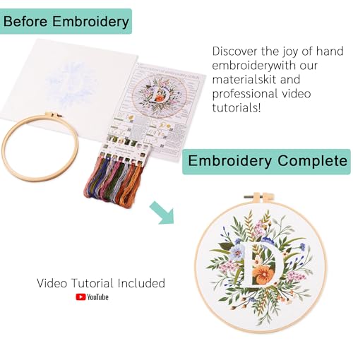 Harimau Letter D Pattern Embroidery Kit for Adult Beginners, Complete Starter Pack with 1 Hoop, Needles, Instruction Guide & Embroidery Stitch Video Tutorials - color: D