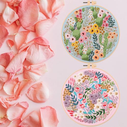 Smart-Feather 3 Pcs Flower Embroidery kit for Beginners, Embroidery Stitch Practice Kits for Adults with Hoop, DIY Art Project Craft Kit (Flower Stitches), size:b - style: Flower Stitches