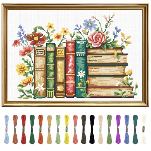 FREEBLOSS 11CT Stamped Cross Stitch Kit for Adults Beginners with Instructions Books and Flower Pattern Cross Stitch Kit Embroidery Wall Art Decoration No Frame 14x20in