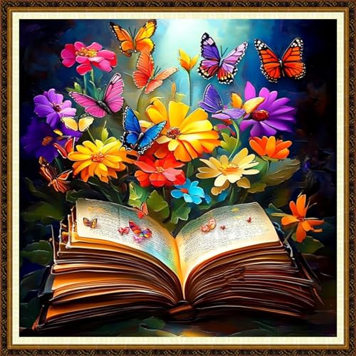 Redxing Counted Cross Stitch Kit for Beginners,Unprinted Needlepoint Kits for Beginners Cross Stitching Embroidery Kit 11CT Stitches kit-Butterfly Flower Book 18x18 inch - color: KitColors20