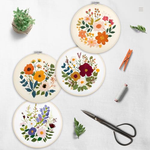 Bonroy Embroidery Kit for Beginners with Instructions,Cross Stitch Kits for Adults with Pattern,Needlepoint Kits for Adult Include Embroidery Cloth Hoops Needles Threads (flowers2) - color: flowers2