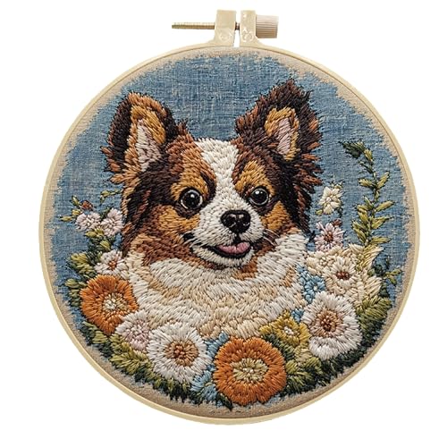 HCANPER Cute Dog Embroidery Starter Kit,DIY Needle Punch Kit, Punch Needle Kits for Beginners,Include Pre-Printed Fabric,Tools,Embroidery Hoop,Threads,Easy for Adults and Children. (Brown) - color: Brown