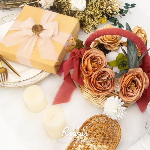 Ribbli Chiffon Silk Ribbon, 1.5 inch x 30 Yard, Champagne/Terracotta/Rust Red Fringe Chiffon Fall Ribbon for Wedding Invitations, Bridal Bouquets Wrapping, Flower Arrangement Decoration - color: Champagne/Terracotta/Rust Red