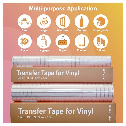 Clear Transfer Tape for Vinyl - 12’’ x 49 FT w/Red Alignment Grid Transfer Paper for Wall, Window, Crafts and Decals, Medium Tack Vinyl Transfer Tape for Permanent Adhesive Vinyl Sheets