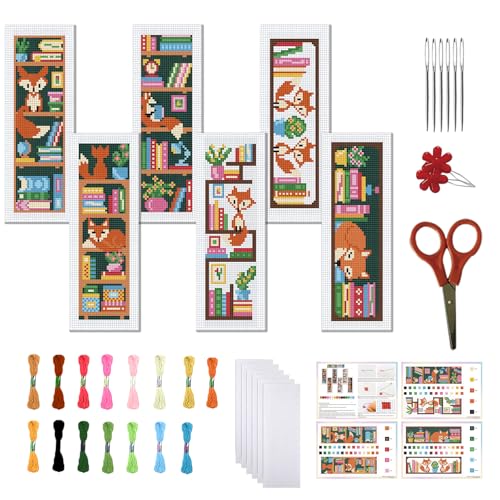 FREEBLOSS 6 Set Cross Stitch Bookmark Kits Fox Bookshelf Pattern Stamped Embroidery Kit Stitch Bookmarks DIY Book Marks Printed Cross Stitch Kits with Instructions for Beginners Adults, 8''x2.4'' - style: Fox bookshelf