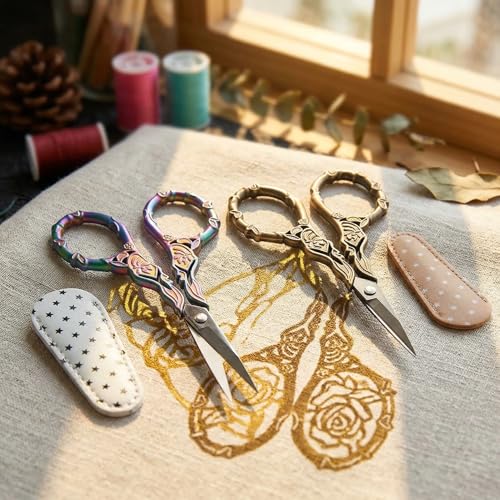Small Craft Scissors with Cover, Comfortable Handles With Beautiful Butterfly Decos and Sharp Tips, Tools for Crochet, Embroidery,Sewing, Purple&bronze, PJ1631-1 - color: Purple&bronze
