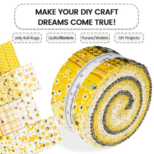 Craftido-20 Options-100% Cotton Jelly Roll Fabric Precut Strips for Quilting, Crafting, and Sewing, 40 Strips 2.5" x 44" Assorted Bundles for Rugs, Quilts, DIY Crafts and Home Decor-Honey Bees - color: Honey Bees
