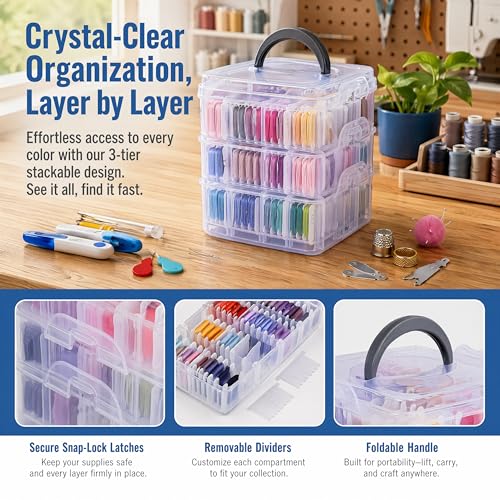 Huacan 194 Pcs Embroidery Thread Floss Kit Including 150 Colors 8 M/Pcs, 6-Strand Cotton Thread with 3-Tier Storage Box, Cross Stitch Thread Set with Tools