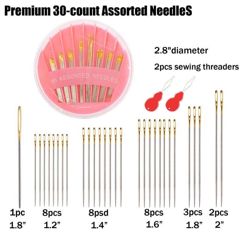 JollMono 30Pack Premium Sewing Needles for Hand Sewing Repair, 6 Sizes Assorted Needles with 2 Threaders, Hand Sewing Needles, Large Eye Stitching Needles, Embroidery Needles, Sewing Sharp Needles - color: 30 Pcs-P