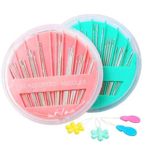 Hekisn 60-Pack Premium Hand Sewing Needles Set, 6 Sizes Embroidery Needles Kit with Threaders, Assorted Large Eye Sewing Needles for Repair, DIY, Art & Craft Projects(Green&Pink) - color: Green/Pink