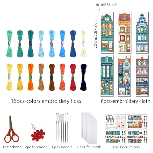 FREEBLOSS 6 Set Cross Stitch Bookmark Kits 11CT 8"x2.4" Street View - style: Bookstore house