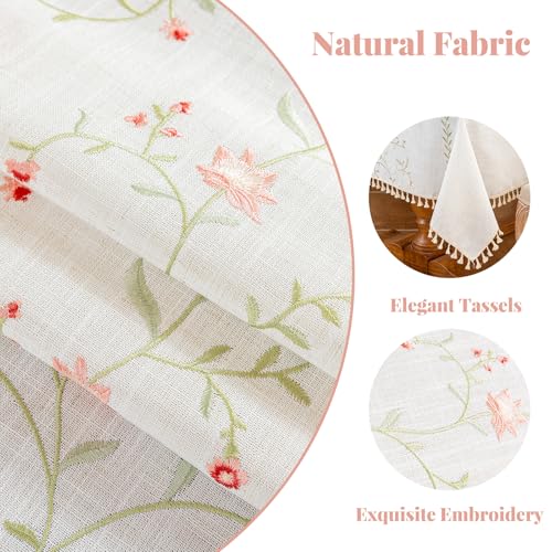 Alsoo Rectangle Tablecloth 55" x 120", Spring Pink Embroidered Table Cloth with Tassels, Farmhouse Rustic Linen Style, Heavy Weight Wrinkle & Spill Resistant Table Cover for Dining Kitchen & Party - color: Pink Flower, size: 120" x 55" (Rectangular)