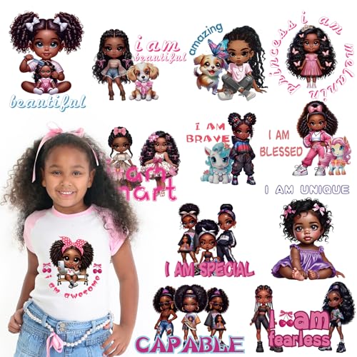 Dazoratix Black Girl Transfer Stickers - 12 Pcs Cute DTF Transfers Ready to Press Dog Iron on Patches Butterfly Washable Heat Decals for Girls DIY T-Shirt Clothing Coat Jeans Backpacks Decorations - style: Black Girl